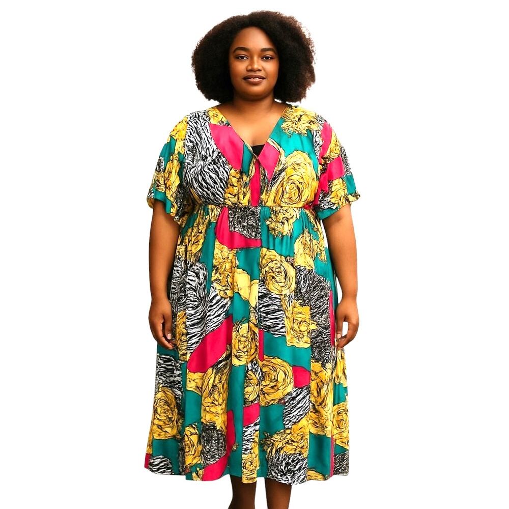 Magic 1X Women's Green Long Maxi BOHO Short Sleeves Sun Dress Plus Size 14W 16W